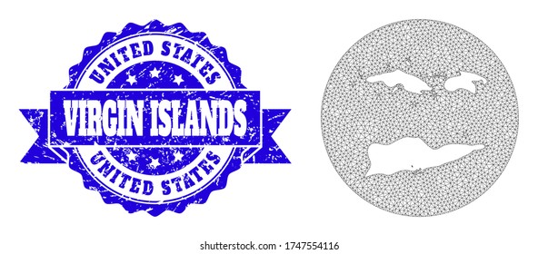 Mesh vector map of American Virgin Islands with scratched seal. Triangular mesh map of American Virgin Islands is carved in a round shape. Blue round distress stamp with ribbon.