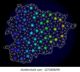 Mesh vector map of Andorra with glare effect. Light spots have bright spectrum colors. Abstract lines, triangles, light spots and points on a dark background with map of Andorra.