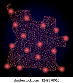 Mesh vector map of Angola with glare effect. Red abstract lines, light spots and points on a dark background with map of Angola.