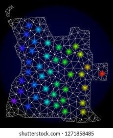 Mesh vector map of Angola with glare effect. Light spots have bright spectrum colors. Abstract lines, triangles, light spots and points on a dark background with map of Angola.