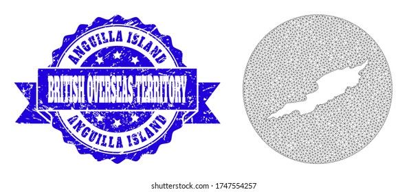 Mesh vector map of Anguilla Island with scratched stamp. Triangle mesh map of Anguilla Island is subtracted from a round shape. Blue round scratched seal stamp with ribbon.