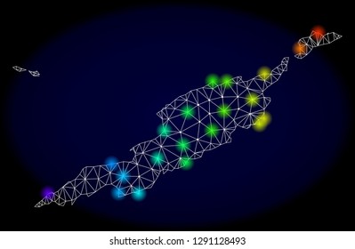 Mesh vector map of Anguilla Islands with glare effect on a dark background. Light spots have bright spectrum colors. Abstract lines, triangles, light spots and points forms map of Anguilla Islands.
