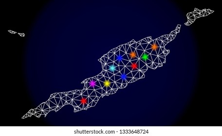 Mesh vector map of Anguilla Islands with glare effect on a dark background. Abstract lines, triangles, light colorful spots and points forms map of Anguilla Islands.