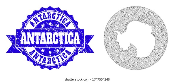 Mesh vector map of Antarctica with grunge watermark. Triangular mesh map of Antarctica is a hole in a round shape. Blue rounded distress seal with ribbon.