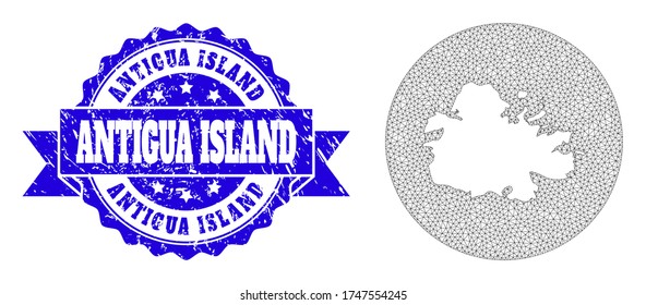 Mapa vectorial de malla de la isla de Antigua con sello de grano. El mapa triangular de malla de la isla de Antigua se invierte en forma redonda. El sello de sellado de grano redondo azul tiene cinta adhesiva.