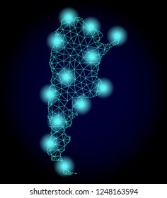 Mesh vector map of Argentina with glare effect. Abstract lines, triangles, light spots and points on dark background with map of Argentina. Mesh and glare elements are placed on different layers.