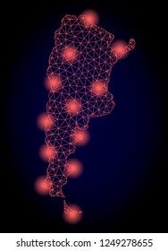 Mesh vector map of Argentina with glare effect. Red abstract lines, light spots and points on a dark background with map of Argentina.