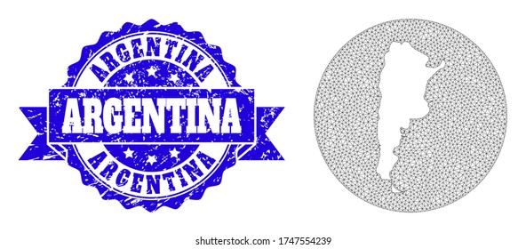 Mesh vector map of Argentina with grunge seal stamp. Triangle network map of Argentina is cut out from a round shape. Blue round scratched stamp with ribbon.