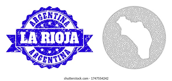 Mesh vector map of Argentina - La Rioja with scratched stamp. Triangular net map of Argentina - La Rioja is subtracted from a round shape. Blue rosette scratched seal stamp with ribbon.