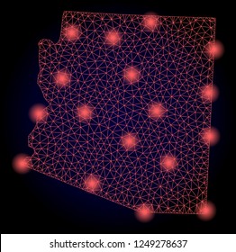 Mesh vector map of Arizona State with glare effect. Red abstract lines, light spots and points on a dark background with map of Arizona State.