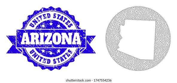 Mesh vector map of Arizona State with grunge seal. Triangular mesh map of Arizona State is subtracted from a circle. Blue rosette distress seal stamp with ribbon.