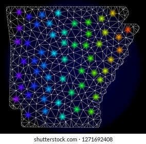 Mesh vector map of Arkansas State with glare effect. Light spots have bright spectrum colors. Abstract lines, triangles, light spots and points on a dark background with map of Arkansas State.