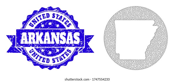 Mesh vector map of Arkansas State with grunge seal stamp. Triangular mesh map of Arkansas State is inverted in a round shape. Blue round scratched stamp with ribbon.