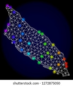 Mesh vector map of Aruba Island with glare effect. Light spots have bright spectrum colors. Abstract lines, triangles, light spots and points on a dark background with map of Aruba Island.