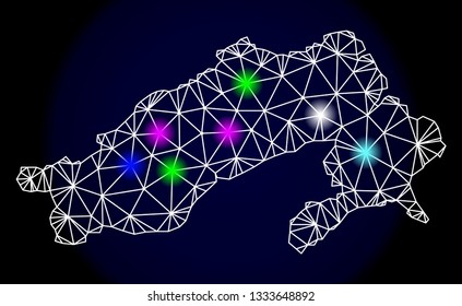 Mesh vector map of Arunachal Pradesh State with glare effect on a dark background. Abstract lines, triangles, light colorful spots and points forms map of Arunachal Pradesh State.