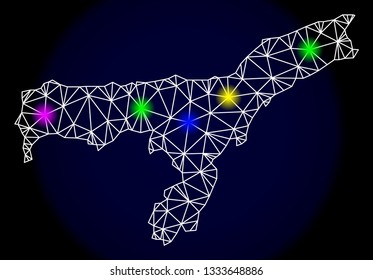 Mesh vector map of Assam State with glow effect on a dark background. Abstract lines, triangles, light colorful spots and points forms map of Assam State.