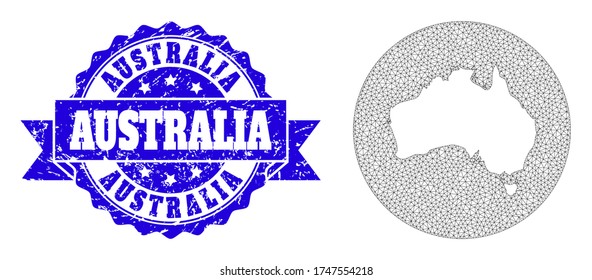 Mesh vector map of Australia with grunge stamp. Triangular mesh map of Australia is a hole in a round shape. Blue round distress seal stamp has ribbon.