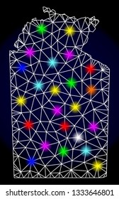 Mesh vector map of Australian Northern Territory with glare effect on a dark background. Abstract lines, triangles, light colorful spots and points forms map of Australian Northern Territory.