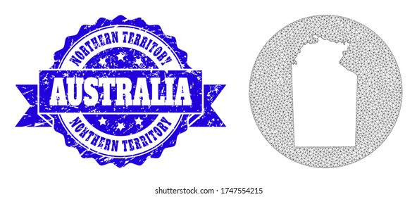 Mesh vector map of Australian Northern Territory with grunge stamp. Triangle mesh map of Australian Northern Territory is a hole in a circle. Blue rounded scratched stamp with ribbon.
