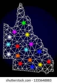 Mesh vector map of Australian Queensland with glare effect on a dark background. Abstract lines, triangles, light colorful spots and points forms map of Australian Queensland.