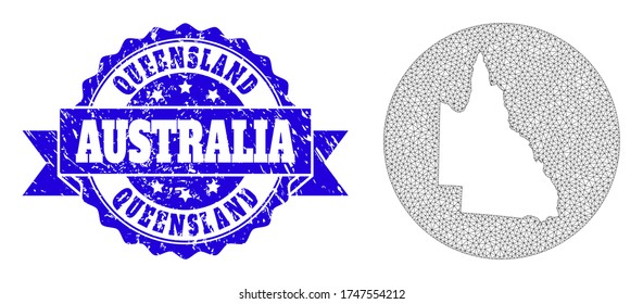 Mesh vector map of Australian Queensland with grunge seal stamp. Triangular network map of Australian Queensland is carved in a circle. Blue round grunge seal stamp with ribbon.
