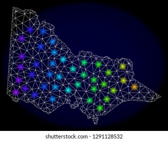 Mesh vector map of Australian Victoria with glare effect on a dark background. Light spots have bright spectrum colors. Abstract lines, triangles,