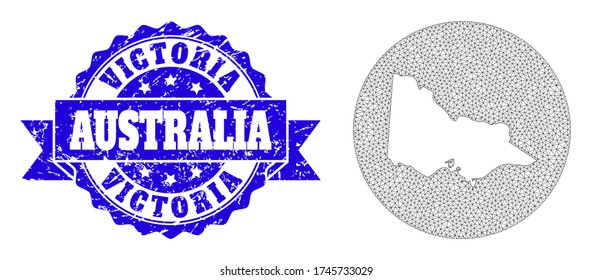 Mesh vector map of Australian Victoria with grunge stamp. Triangle net map of Australian Victoria is inverted in a round shape. Blue round grunge watermark with ribbon.