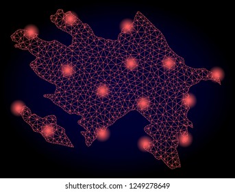 Mesh vector map of Azerbaijan with glare effect. Red abstract lines, light spots and points on a dark background with map of Azerbaijan.