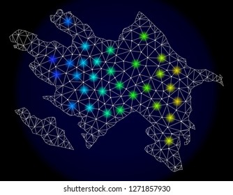 Mesh vector map of Azerbaijan with glare effect. Light spots have bright spectrum colors. Abstract lines, triangles, light spots and points on a dark background with map of Azerbaijan.
