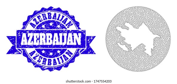 Mesh vector map of Azerbaijan with scratched stamp. Triangle mesh map of Azerbaijan is stencils in a round shape. Blue round distress seal stamp with ribbon.