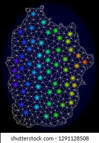 Mesh vector map of Azores - Flores Island with glare effect on a dark background. Light spots have bright rainbow colors. Abstract lines, triangles,