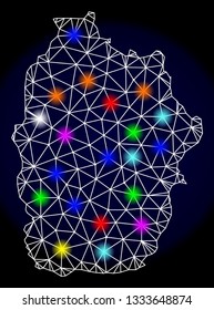 Mesh vector map of Azores - Flores Island with glare effect on a dark background. Abstract lines, triangles, light colorful spots and points forms map of Azores - Flores Island.