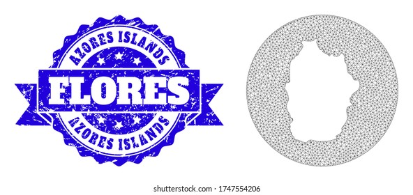 Mesh vector map of Azores - Flores Island with grunge stamp. Triangle network map of Azores - Flores Island is a hole in a round shape. Blue rosette grunge seal stamp has ribbon.