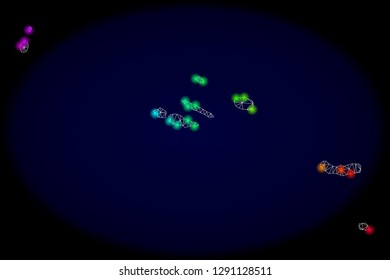Mesh vector map of Azores Islands with glare effect on a dark background. Light spots have bright rainbow colors. Abstract lines, triangles, light spots and points forms map of Azores Islands.