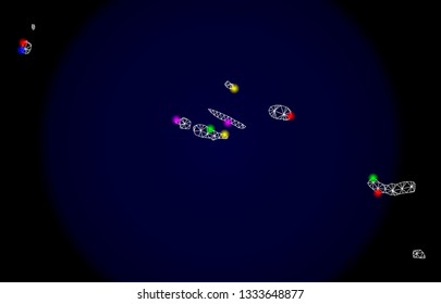 Mesh vector map of Azores Islands with glare effect on a dark background. Abstract lines, triangles, light colorful spots and points forms map of Azores Islands.
