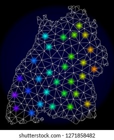 Mesh vector map of Baden-Wurttemberg Land with glare effect. Light spots have bright spectrum colors. Abstract lines, triangles,
