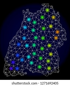 Mesh vector map of Baden-Wurttemberg State with glare effect. Light spots have bright spectrum colors. Abstract lines, triangles,