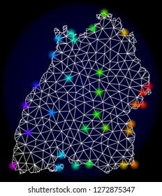 Mesh vector map of Baden-Wurttemberg State with glare effect. Light spots have bright spectrum colors. Abstract lines, triangles,