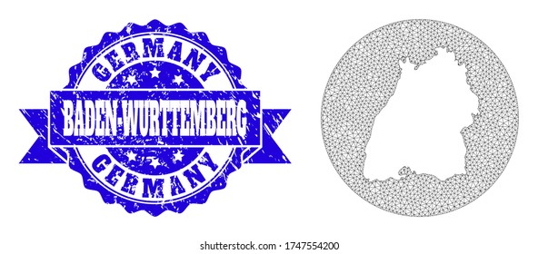 Mesh vector map of Baden-Wurttemberg State with grunge seal stamp. Triangular mesh map of Baden-Wurttemberg State is a hole in a circle. Blue round textured seal with ribbon.