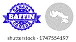 Mesh vector map of Baffin Island with scratched seal stamp. Triangle net map of Baffin Island is carved in a circle. Blue rosette scratched seal stamp with ribbon.