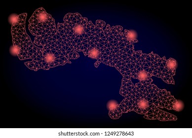 Mesh vector map of Baffin Island with glare effect. Red abstract lines, light spots and points on a dark background with map of Baffin Island.