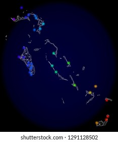 Mesh vector map of Bahamas Islands with glare effect on a dark background. Light spots have bright rainbow colors. Abstract lines, triangles, light spots and points forms map of Bahamas Islands.
