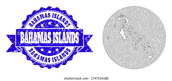 Mesh vector map of Bahamas Islands with grunge seal stamp. Triangular network map of Bahamas Islands is inverted in a round shape. Blue rounded grunge seal stamp with ribbon.