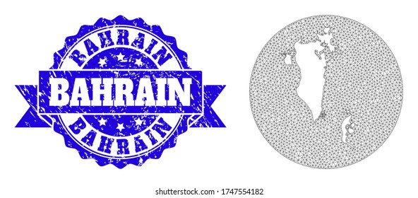 Mesh vector map of Bahrain with scratched watermark. Triangle mesh map of Bahrain is subtracted from a round shape. Blue rounded scratched watermark with ribbon.