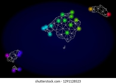 Mesh vector map of Balearic Islands with glare effect on a dark background. Light spots have bright spectrum colors. Abstract lines, triangles, light spots and points forms map of Balearic Islands.