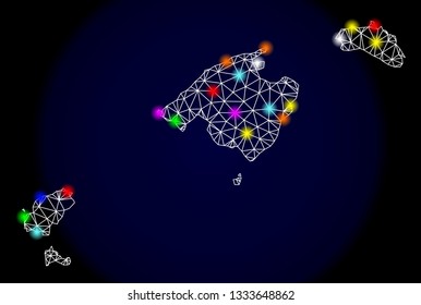 Mesh vector map of Balearic Islands with glare effect on a dark background. Abstract lines, triangles, light colorful spots and points forms map of Balearic Islands.