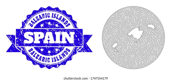 Mesh vector map of Balearic Islands with scratched seal. Triangle mesh map of Balearic Islands is a hole in a circle. Blue rounded textured seal with ribbon.