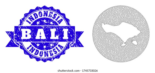 Mesh vector map of Bali Island with scratched stamp. Triangle mesh map of Bali Island is carved in a circle. Blue rounded scratched watermark with ribbon.