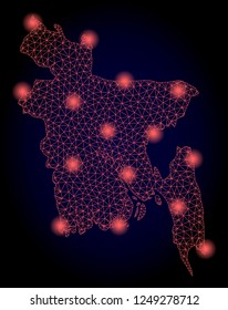 Mesh vector map of Bangladesh with glare effect. Red abstract lines, light spots and points on a dark background with map of Bangladesh.