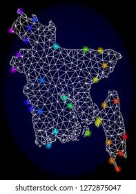 Mesh vector map of Bangladesh with glare effect. Light spots have bright spectrum colors. Abstract lines, triangles, light spots and points on a dark background with map of Bangladesh.